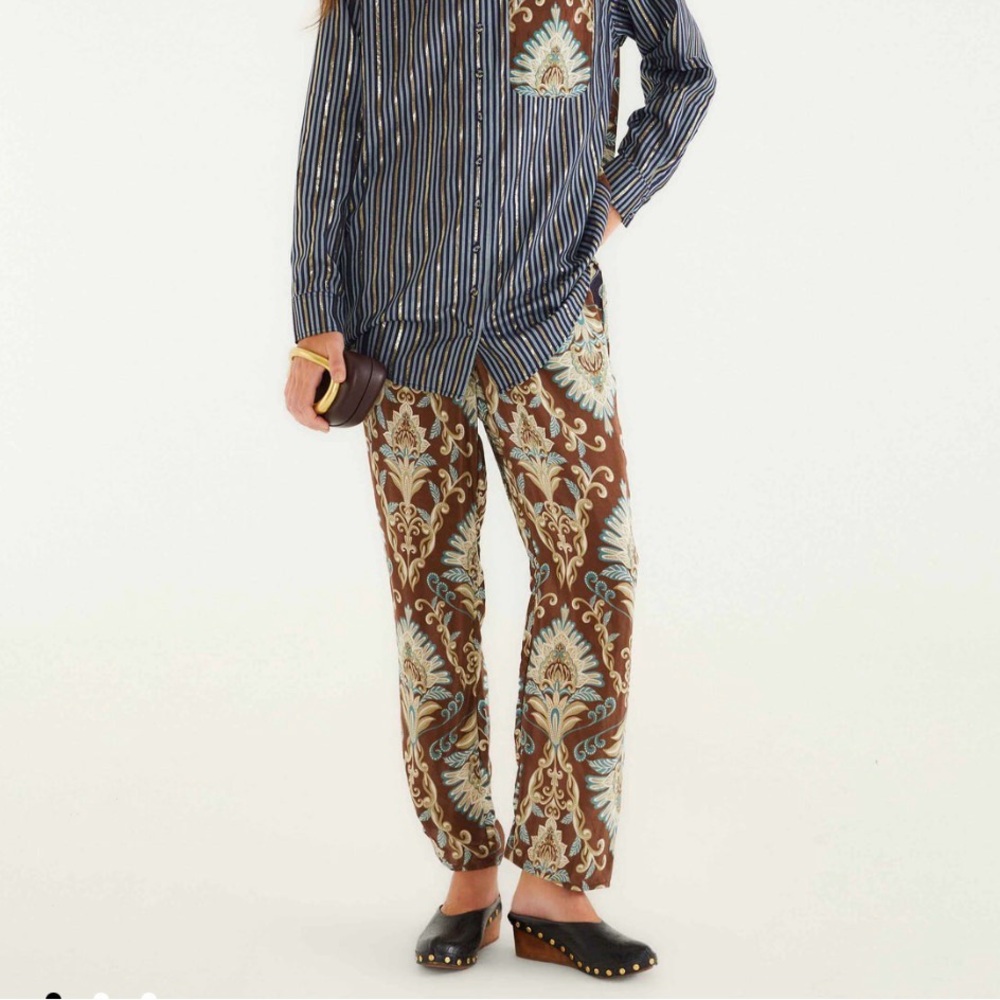 FARM Rio Brown Floral Damask Trousers with Light Blue Accents